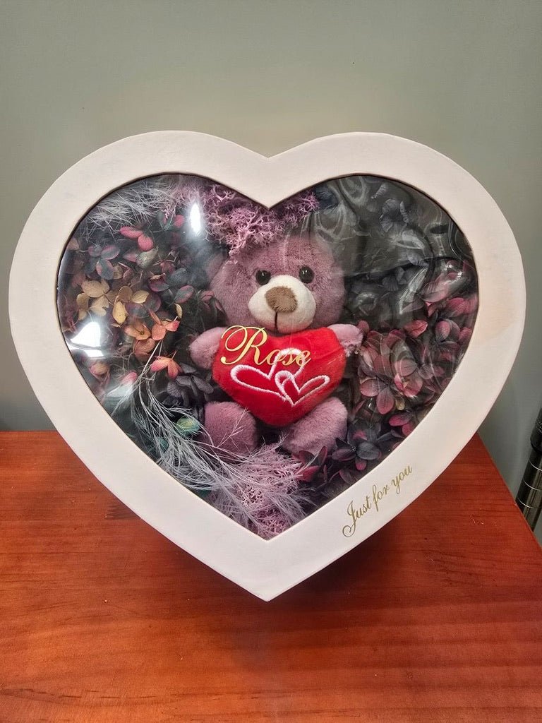 Heart Box with preserved flowers and Bear - ROSE &amp; CO